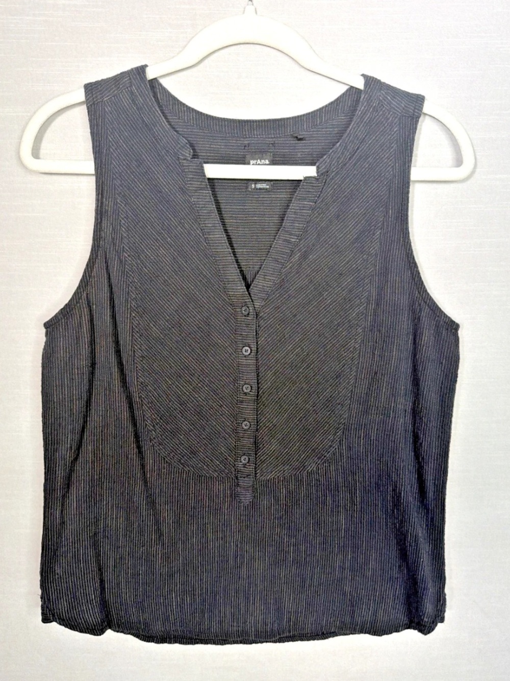 Prana Sleeveless Pinstripe Bib Front Button Placket Top Blue/ Charcoal Gray
